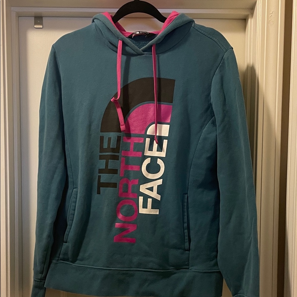 The North Face Blue Hoodie with Pink and Black Details